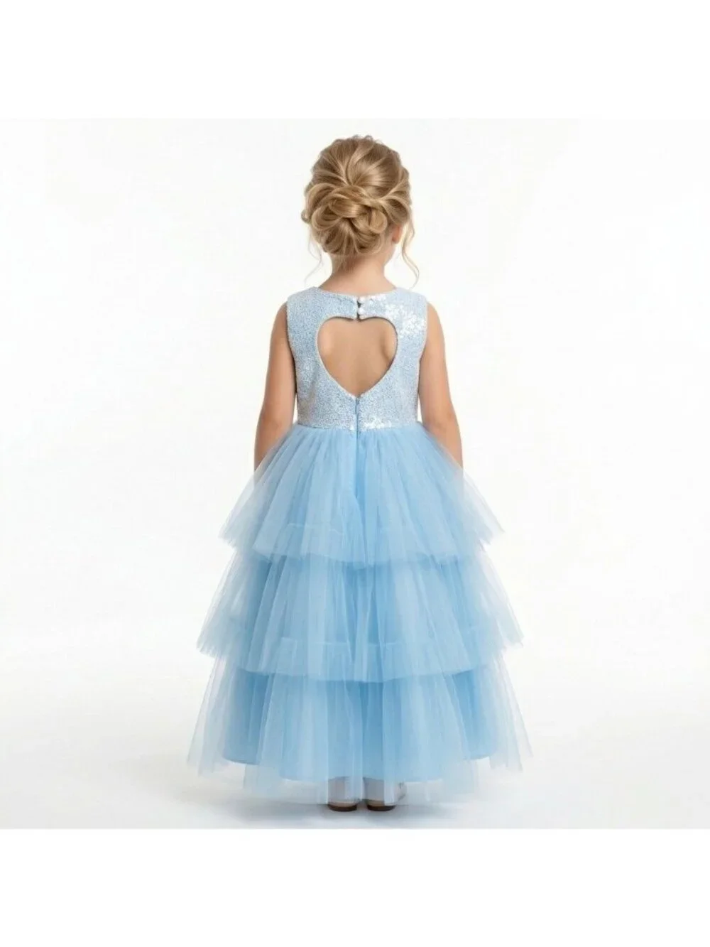 Girls Princess Party Dress Ice Blue Floral Tiered Tulle Birthday Party